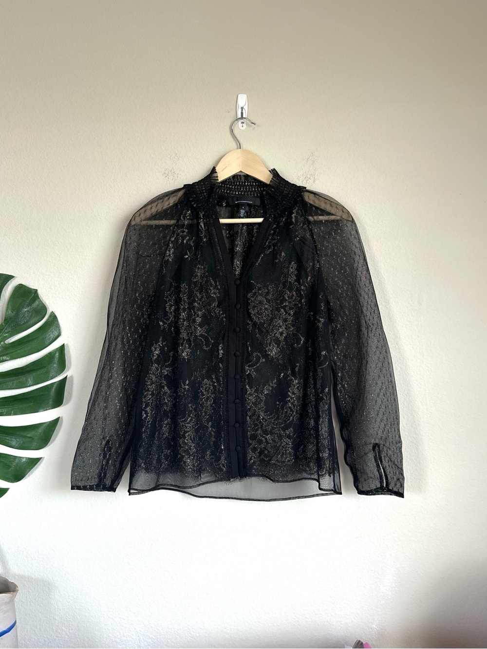 White House Black Market Black Gold Lace Semi-Sheer Blouse